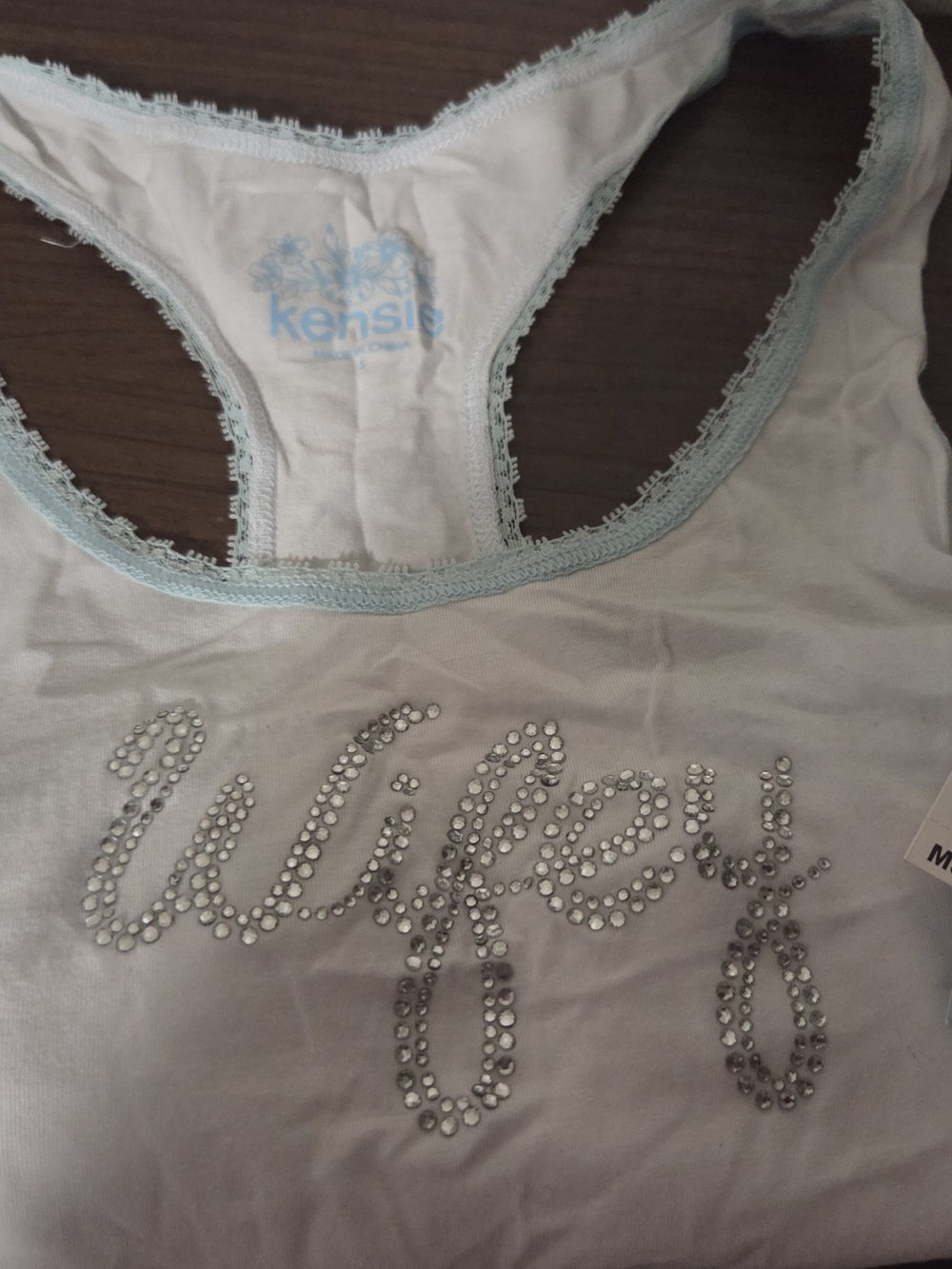 Kensie White Tank with Light Blue Trim and Rhinestone 'Wifey'